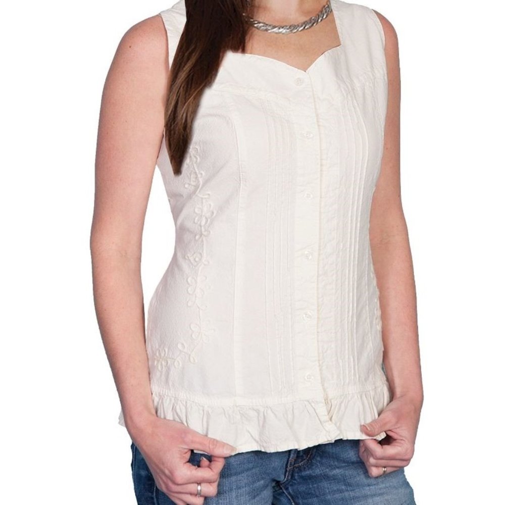 SCULLY Embroidered Sleeveless Cotton Top Pleated Front Natural Sz XSmall